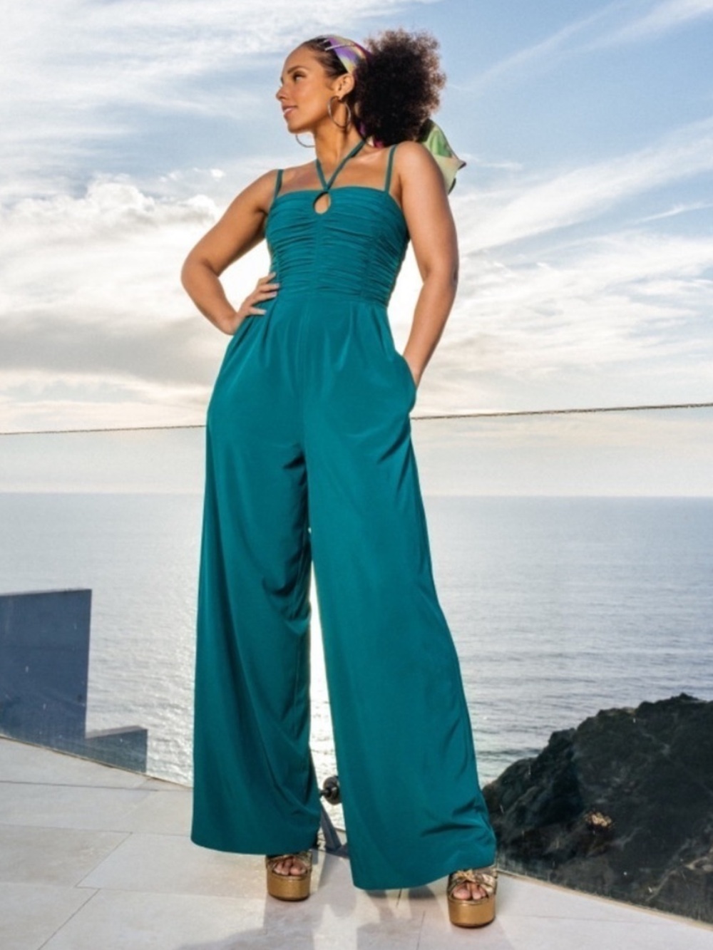 Athleta Teal Ruched Bodice Wide-Leg Jumpsuit